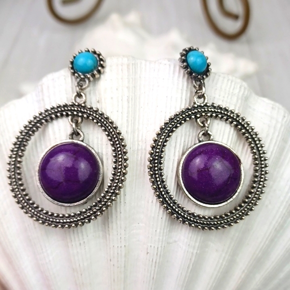 ♥️BUNDLE ONLY♥️ Purple & Turquoise Faux Stone Silver Tone Boho Dangling Earrings - Picture 3 of 6